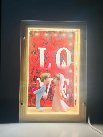 3D Romantic Couple Figurine Shadow Box with LED Lights and photoframe