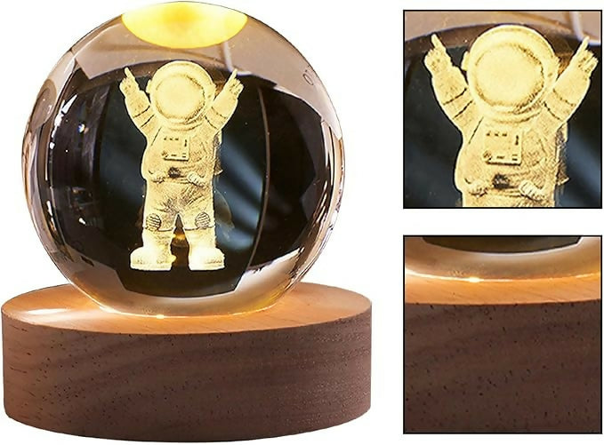 3D Engraved Crystal Astronaut LED Night Lamp with Wooden Base
